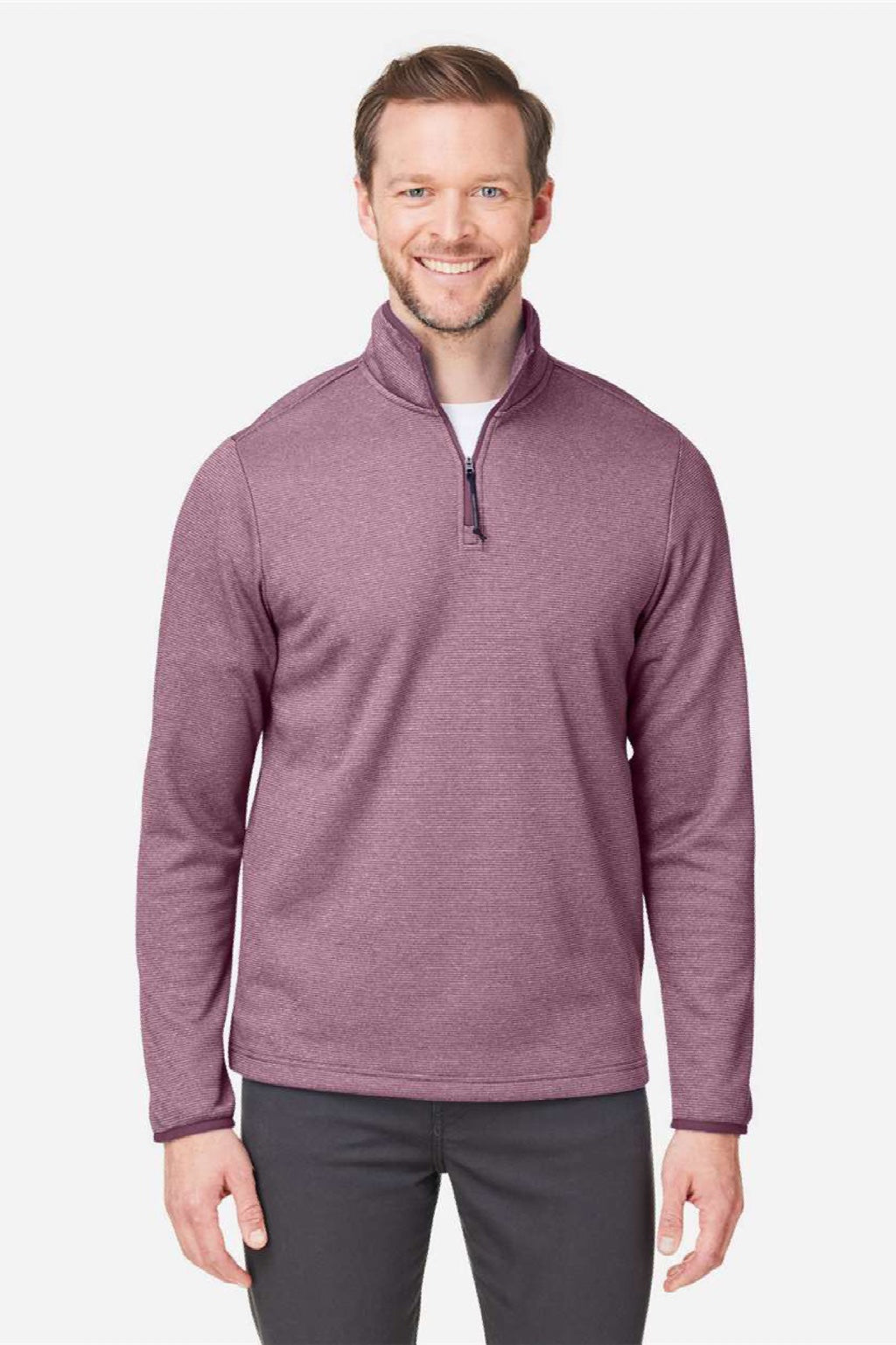 Core 365 CE73 Mens Venture Heathered Stripe 1/4 Zip Sweatshirt Burgundy/White Model Front