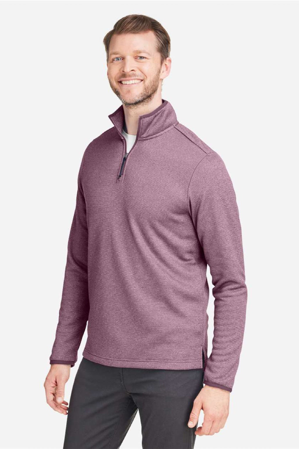 Core 365 CE73 Mens Venture Heathered Stripe 1/4 Zip Sweatshirt Burgundy/White Model Side