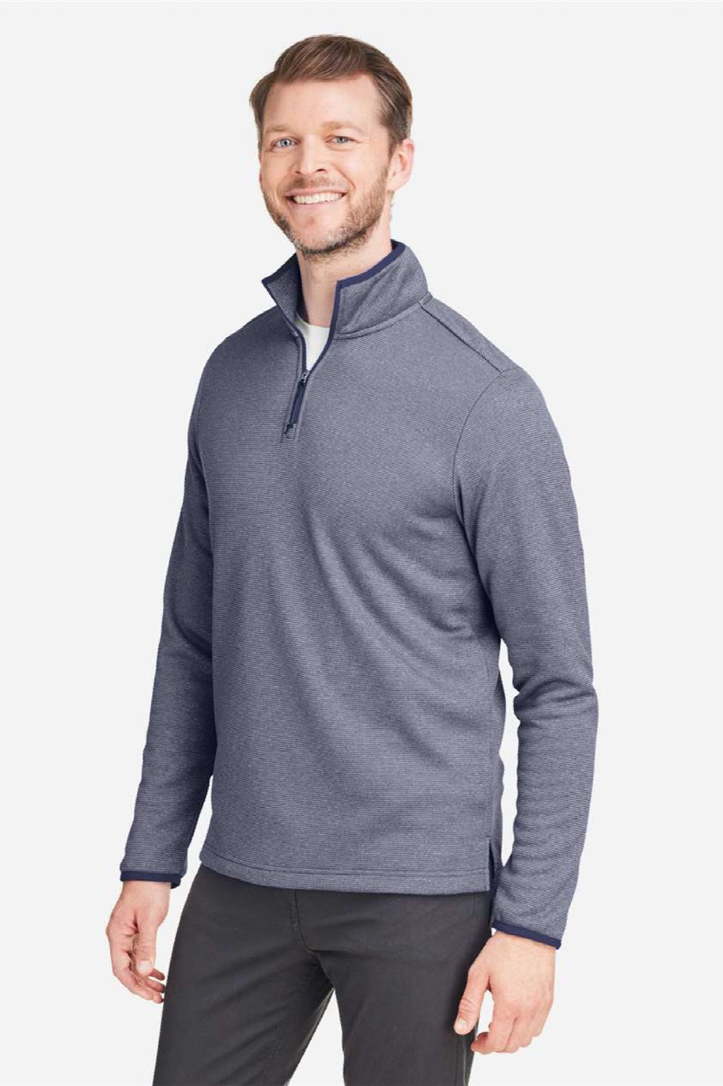Core 365 CE73 Mens Venture Heathered Stripe 1/4 Zip Sweatshirt Classic Navy Blue/White Model Side