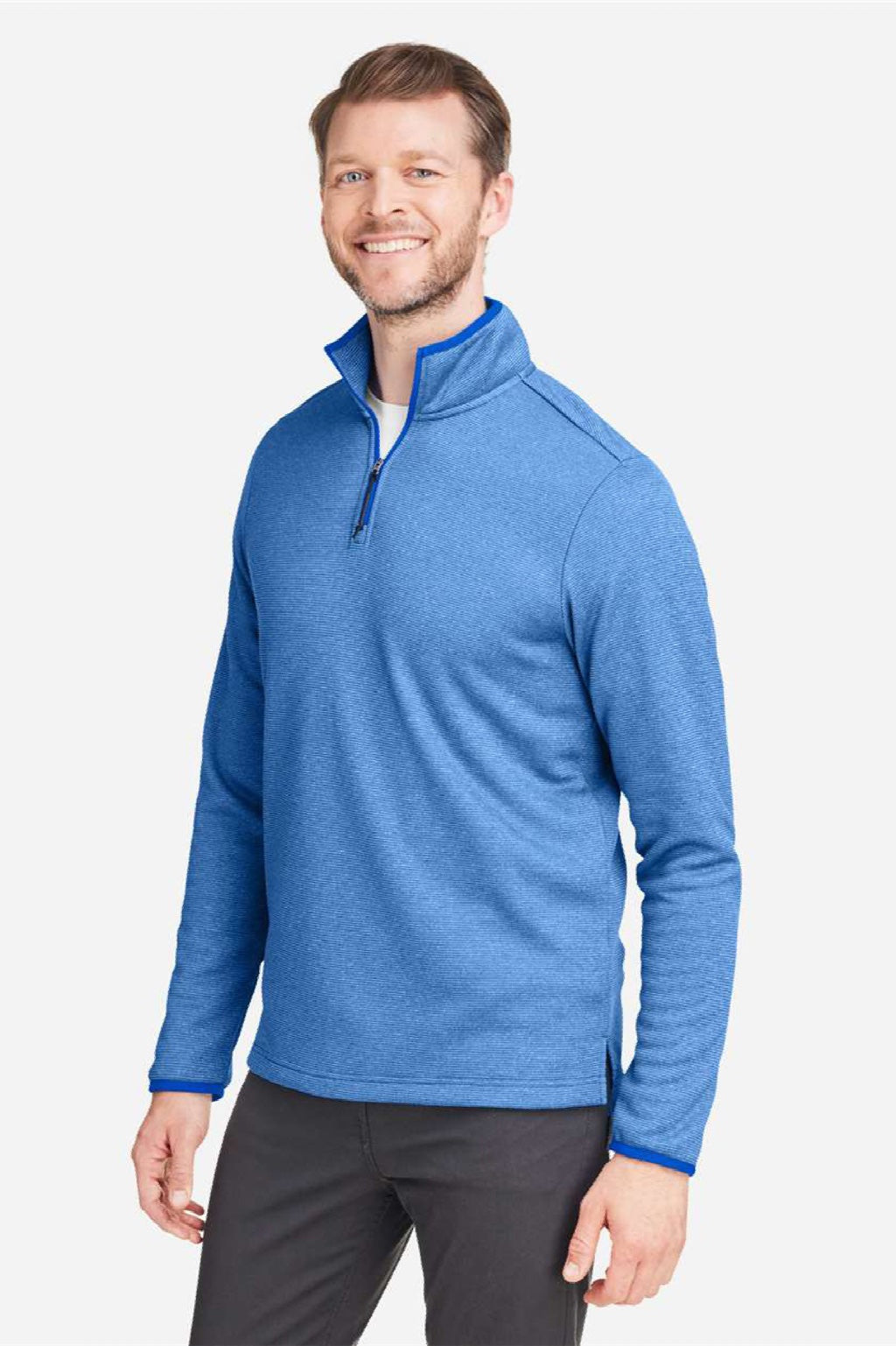 Core 365 CE73 Mens Venture Heathered Stripe 1/4 Zip Sweatshirt True Royal Blue/White Model Side