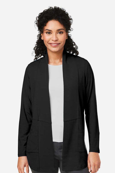Devon & Jones DP125W Womens Raleigh Stretch Moisture Wicking Long Sleeve Cardigan Sweater w/ Pockets Black Model Front
