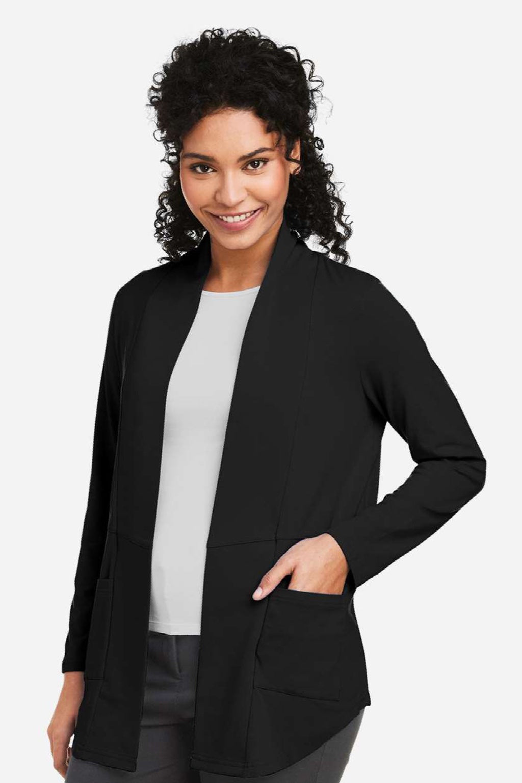 Devon & Jones DP125W Womens Raleigh Stretch Moisture Wicking Long Sleeve Cardigan Sweater w/ Pockets Black Model Side