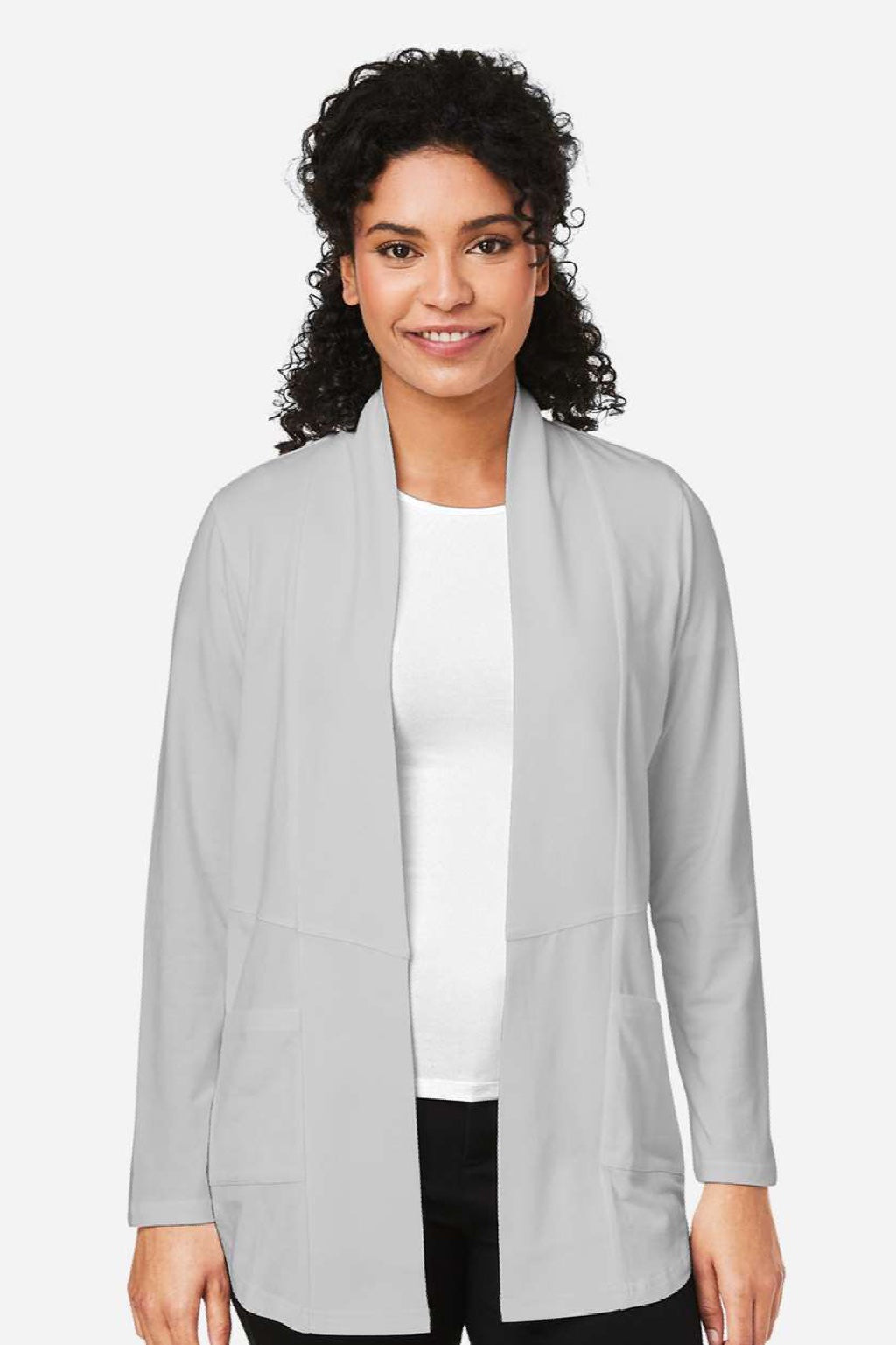 Devon & Jones DP125W Womens Raleigh Stretch Long Sleeve Cardigan Sweater Grey Model Front