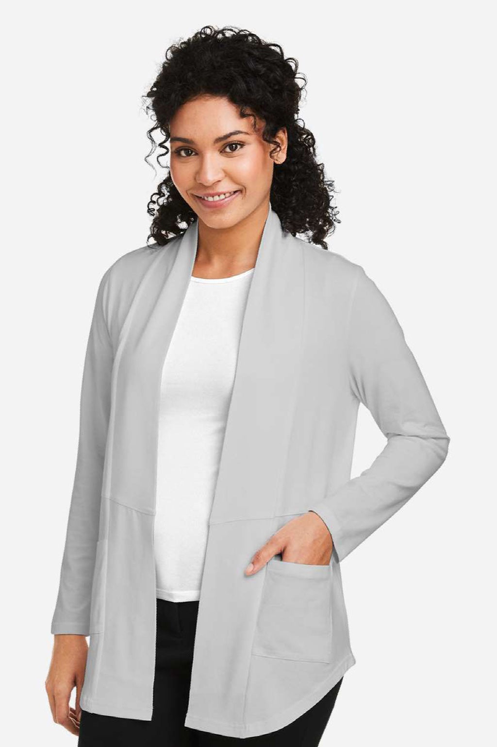 Devon & Jones DP125W Womens Raleigh Stretch Long Sleeve Cardigan Sweater Grey Model Side