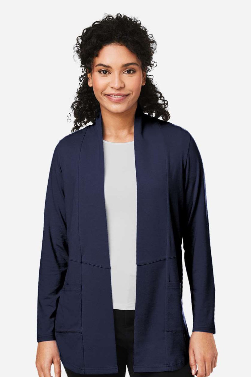 Devon & Jones DP125W Womens Raleigh Stretch Long Sleeve Cardigan Sweater Navy Blue Model Front