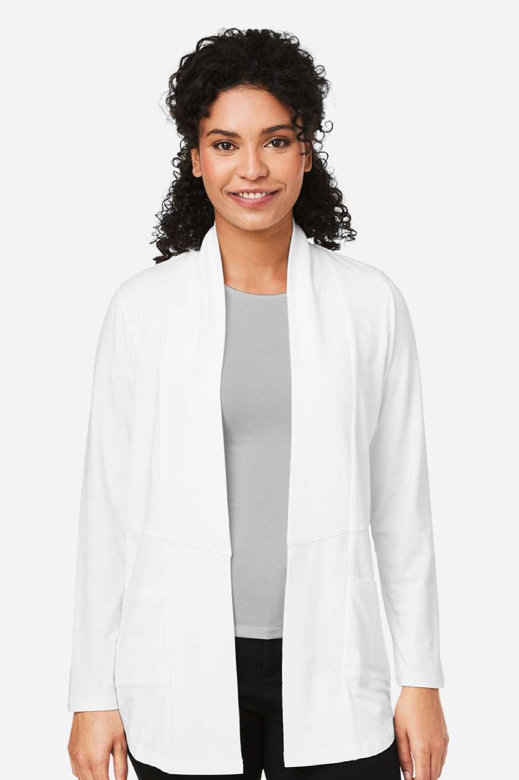 Devon & Jones DP125W Womens Raleigh Stretch Long Sleeve Cardigan Sweater White Model Front