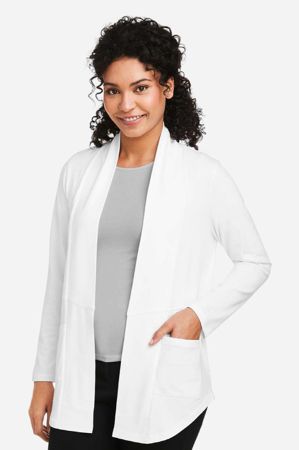 Devon & Jones DP125W Womens Raleigh Stretch Long Sleeve Cardigan Sweater White Model Side