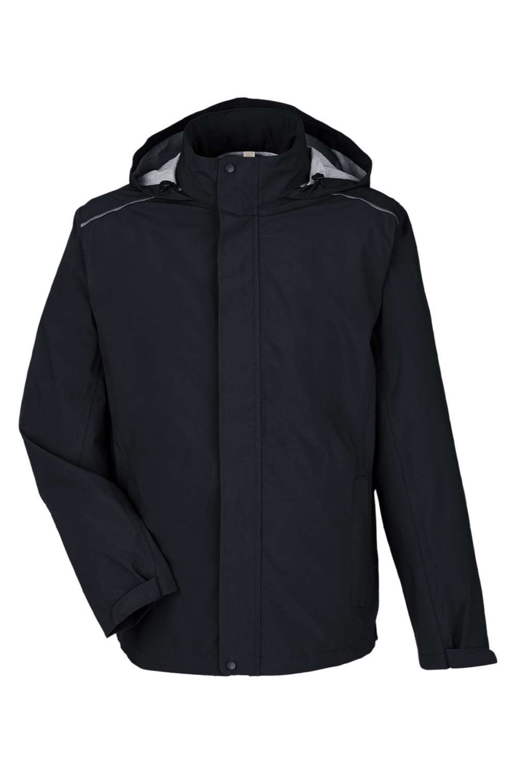 Core 365 CE712 Mens Barrier Packable Full Zip Hooded Rain Jacket Black Flat Front