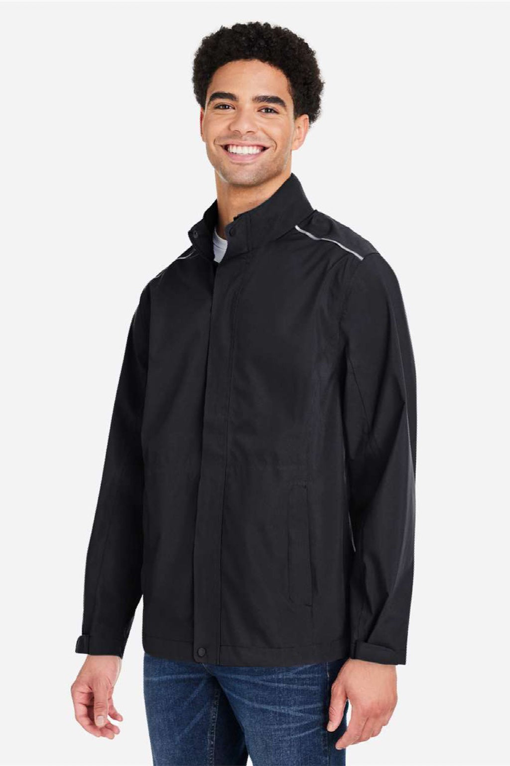 Core 365 CE712 Mens Barrier Packable Full Zip Hooded Rain Jacket Black Model Side