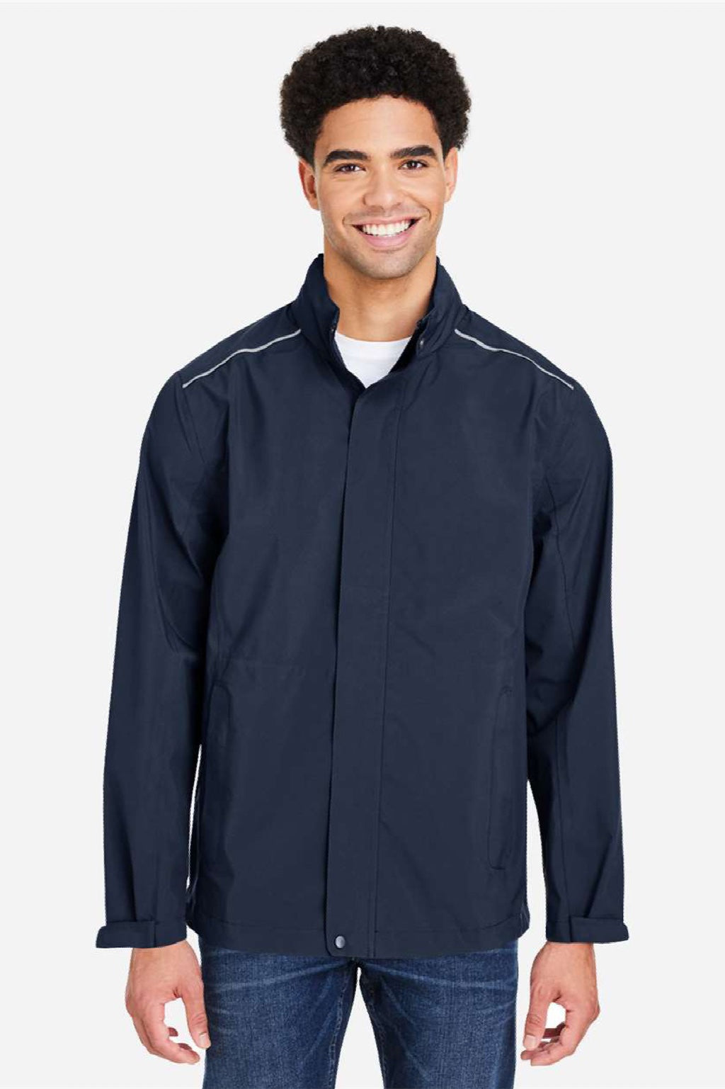 Core 365 CE712 Mens Barrier Packable Full Zip Hooded Rain Jacket Classic Navy Blue Model Front