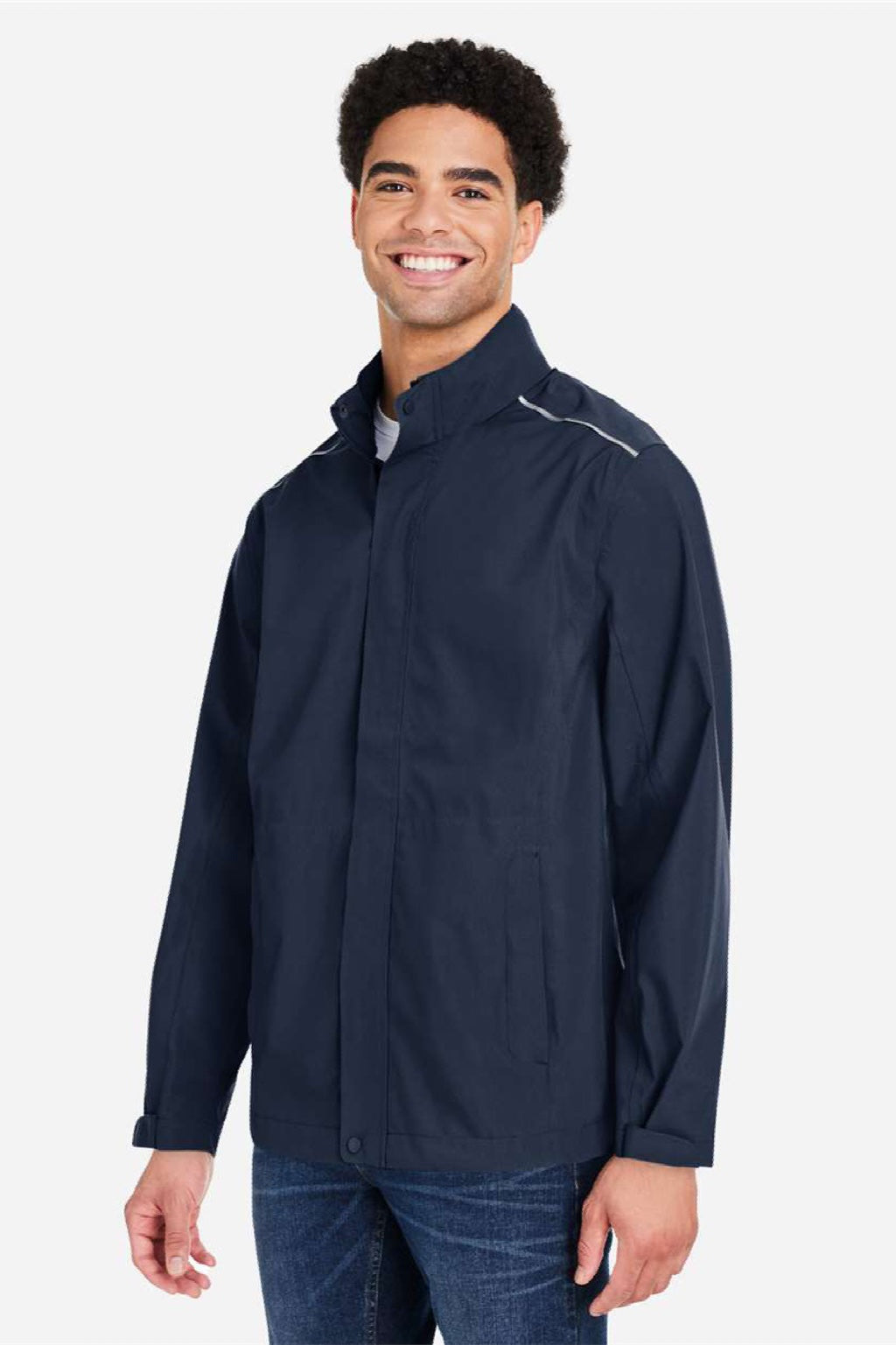 Core 365 CE712 Mens Barrier Packable Full Zip Hooded Rain Jacket Classic Navy Blue Model Side