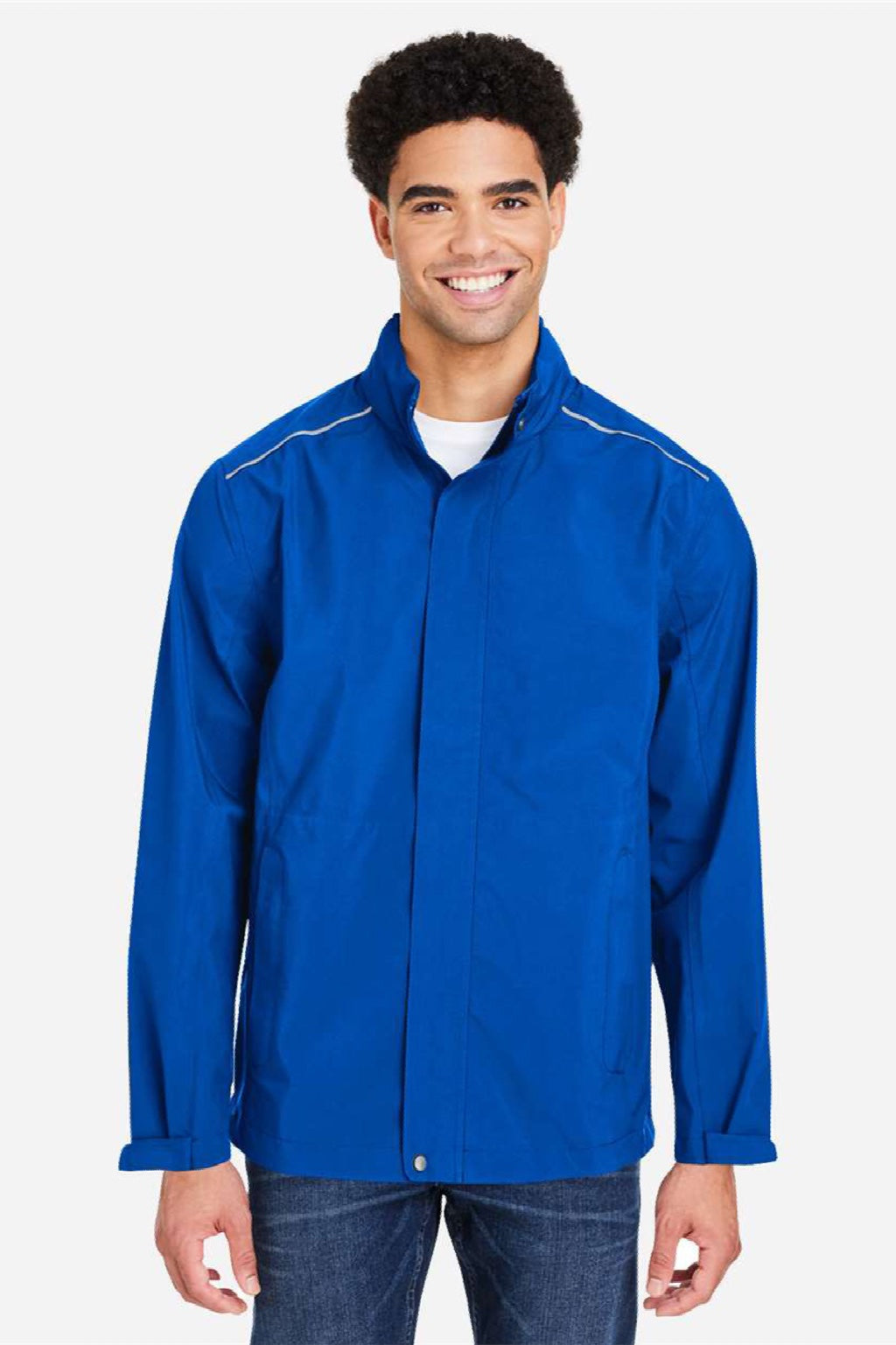 Core 365 CE712 Mens Barrier Packable Full Zip Hooded Rain Jacket True Royal Blue Model Front