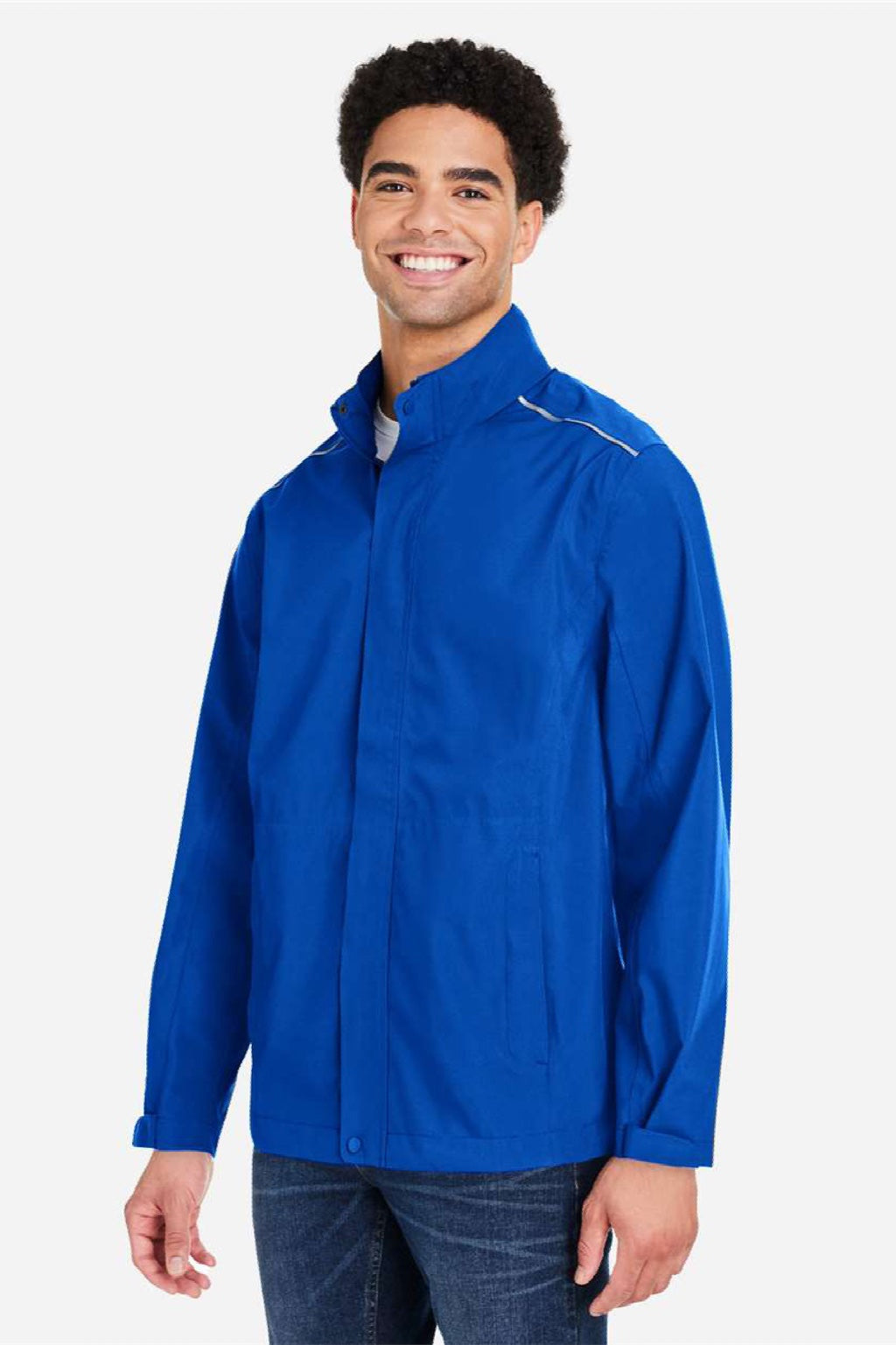 Core 365 CE712 Mens Barrier Packable Full Zip Hooded Rain Jacket True Royal Blue Model Side