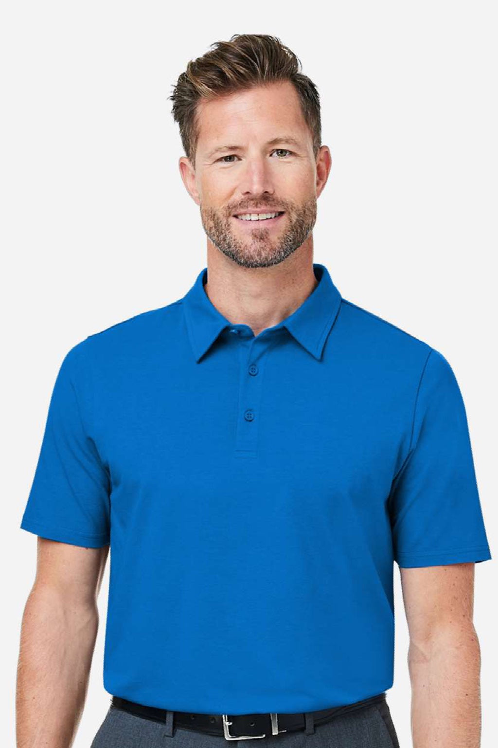 Devon & Jones DG120 Mens Raleigh Stretch Short Sleeve Polo Shirt French Blue Model Front