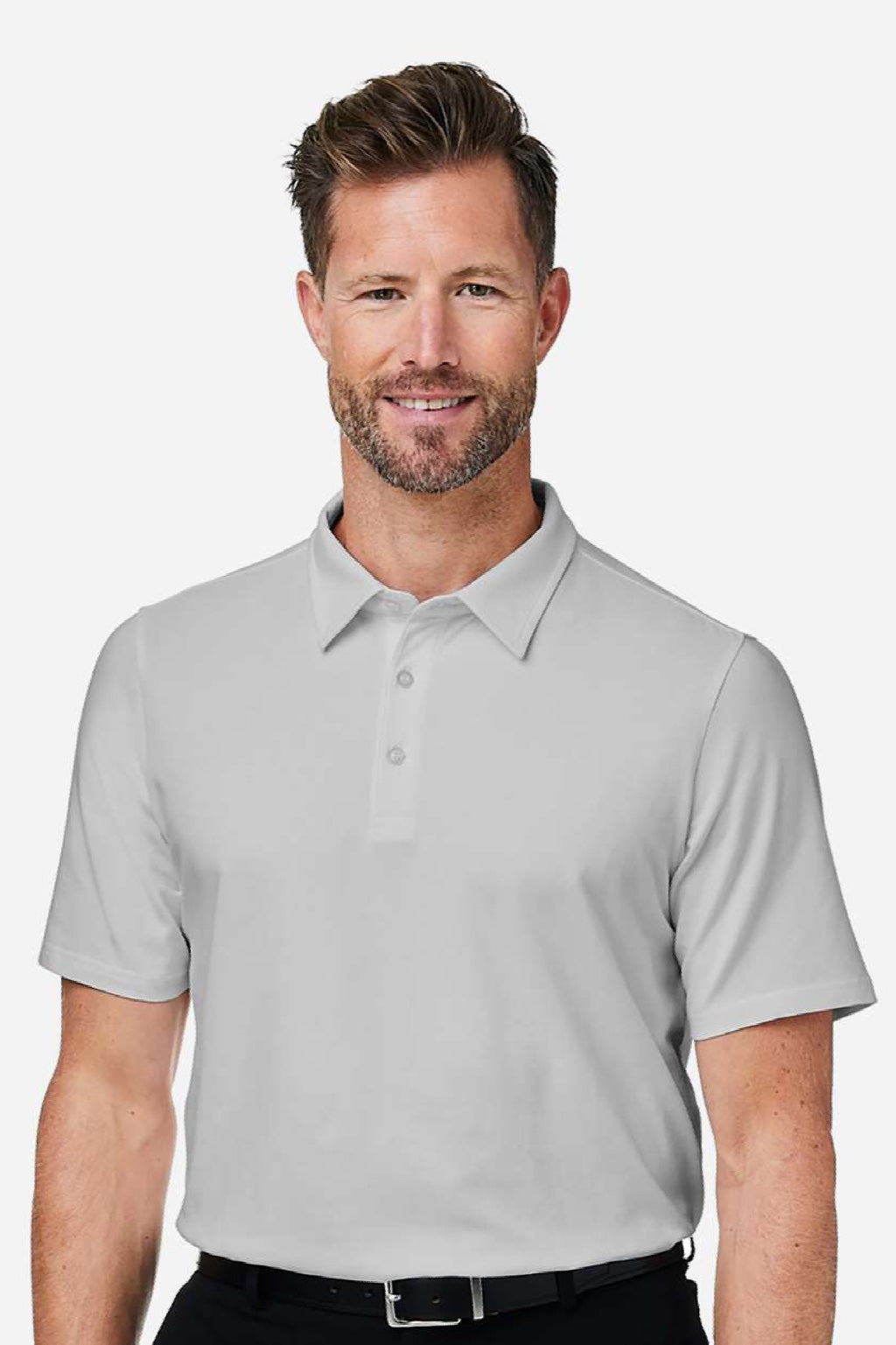 Devon & Jones DG120 Mens Raleigh Stretch Short Sleeve Polo Shirt Grey Model Front