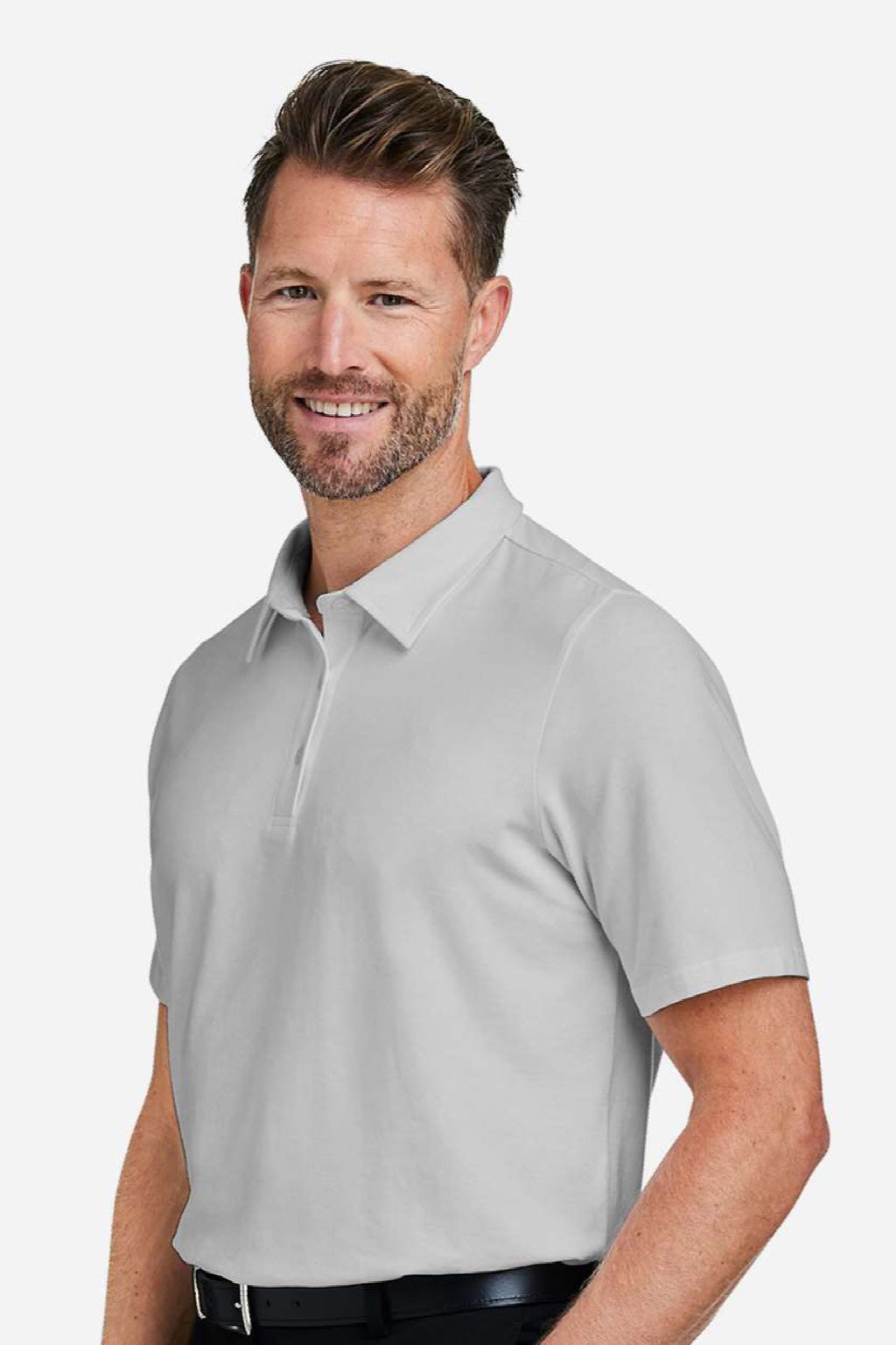 Devon & Jones DG120 Mens Raleigh Stretch Short Sleeve Polo Shirt Grey Model Side