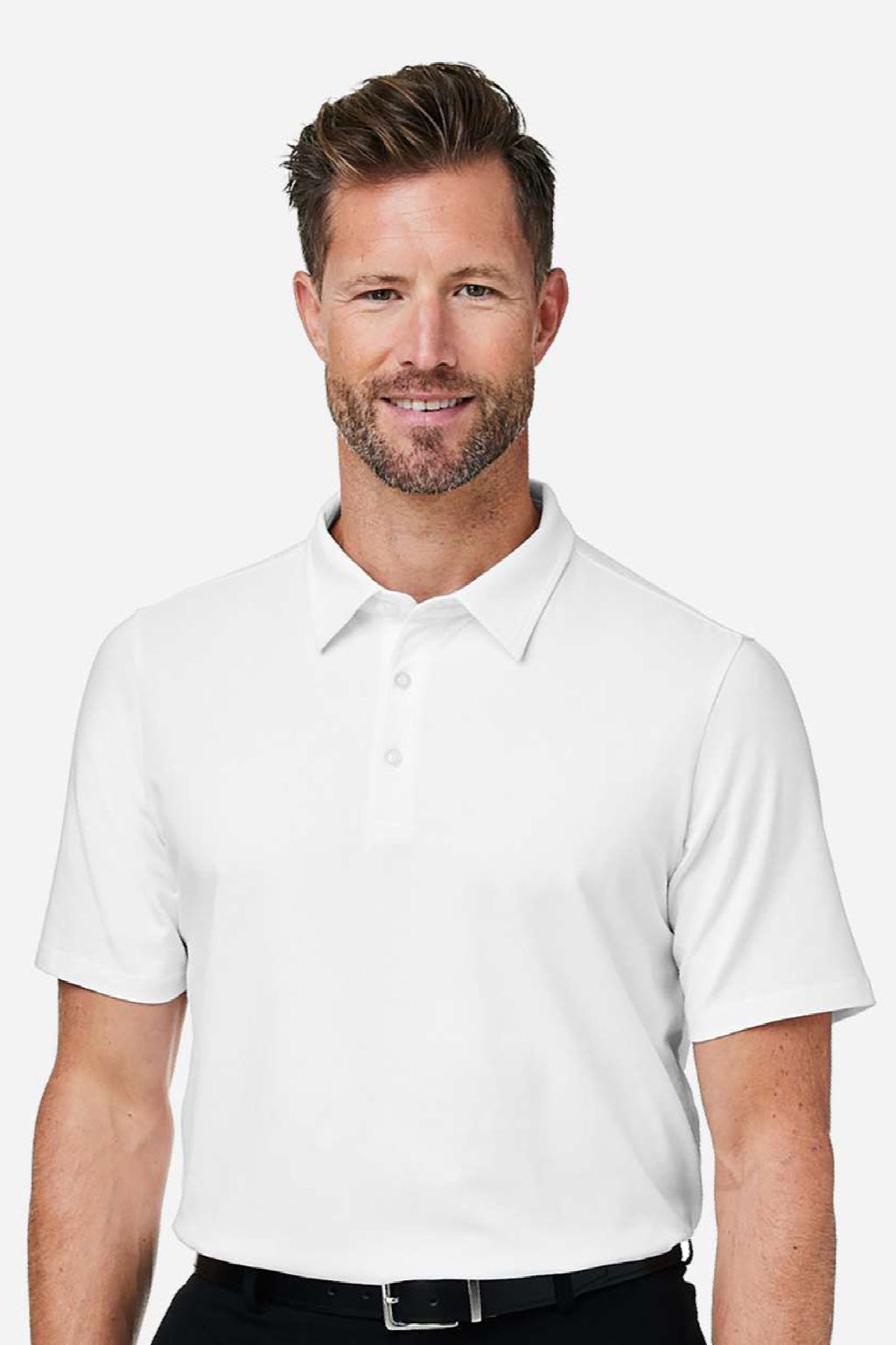 Devon & Jones DG120 Mens Raleigh Stretch Short Sleeve Polo Shirt White Model Front