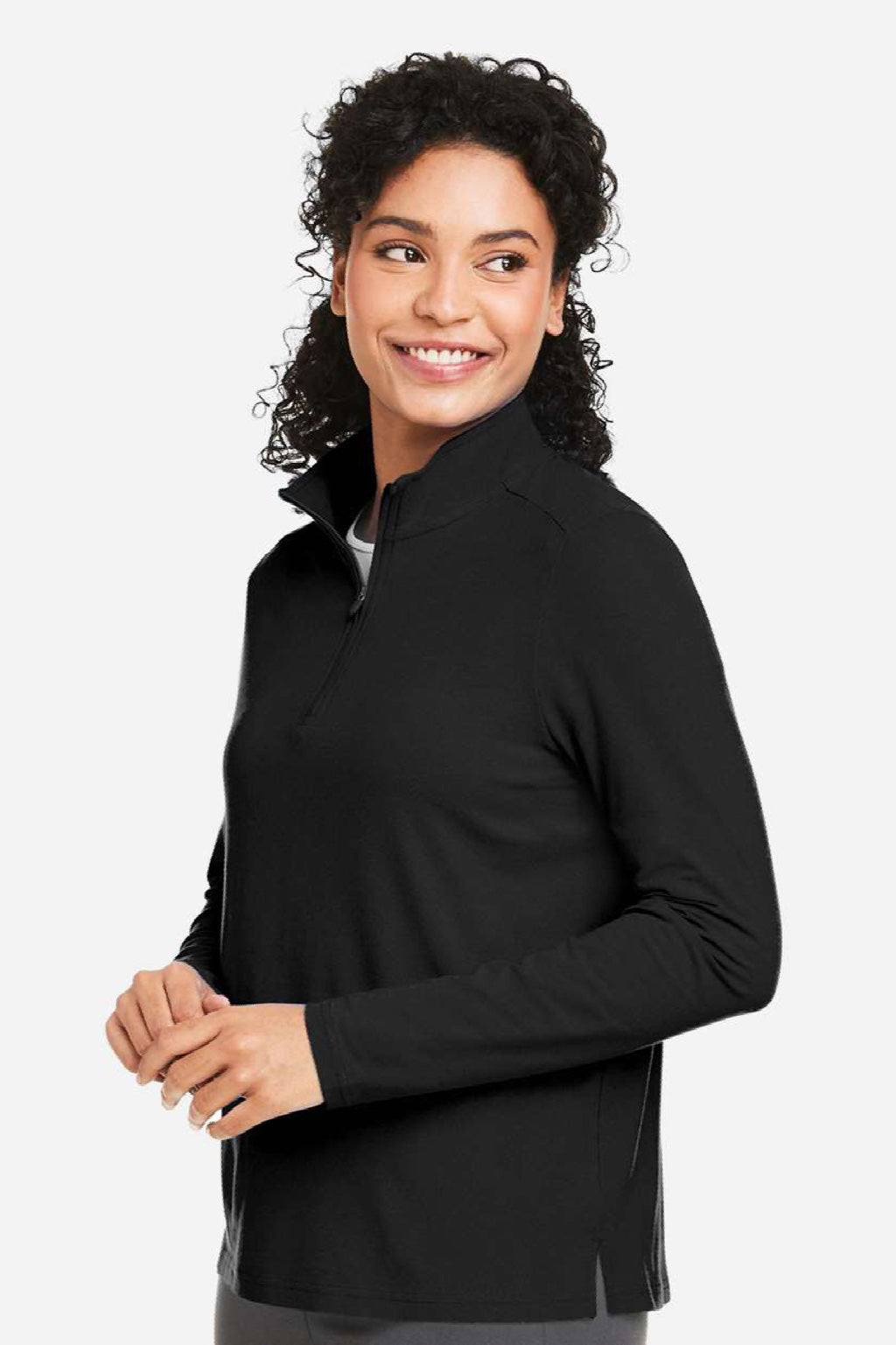 Devon & Jones DG425W Womens Raleigh Stretch 1/4 Zip Sweatshirt Black Model Side