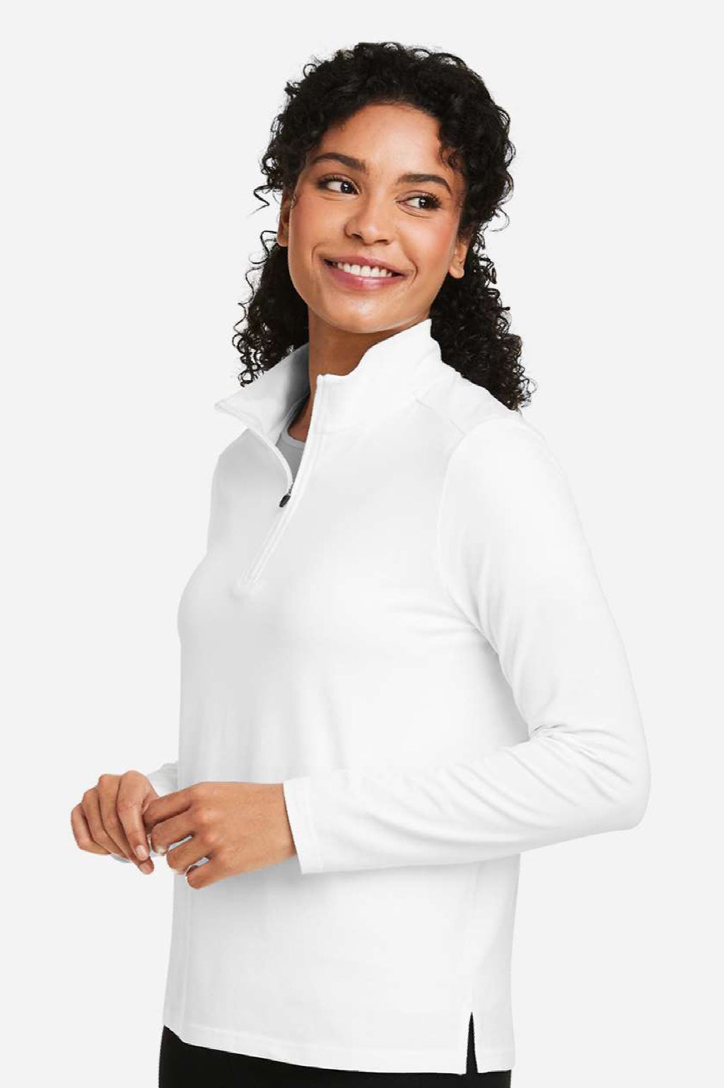 Devon & Jones DG425W Womens Raleigh Stretch 1/4 Zip Sweatshirt White Model Side
