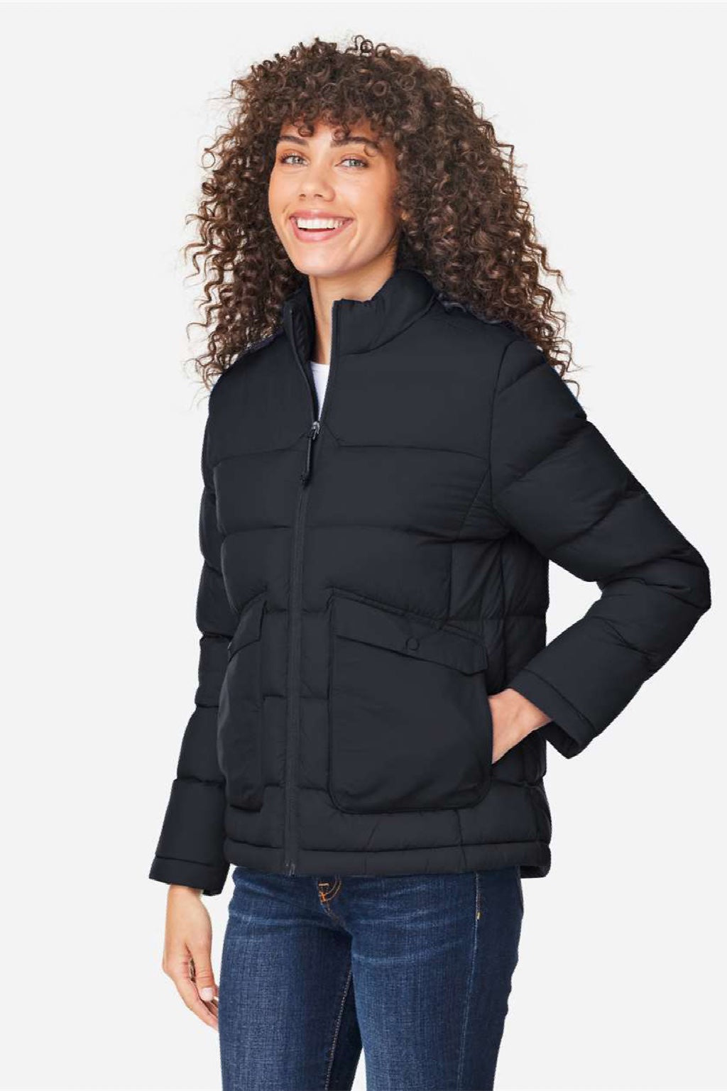 Core 365 CE720W Womens Inspire Full Zip Puffer Jacket Black Model Side