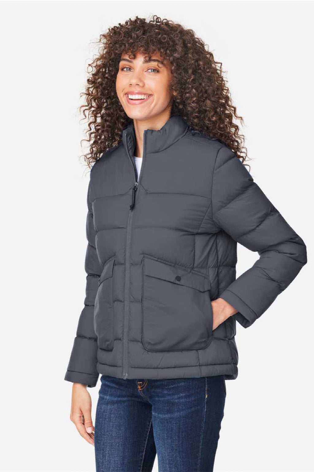 Core 365 CE720W Womens Inspire Full Zip Puffer Jacket Carbon Grey Model Side