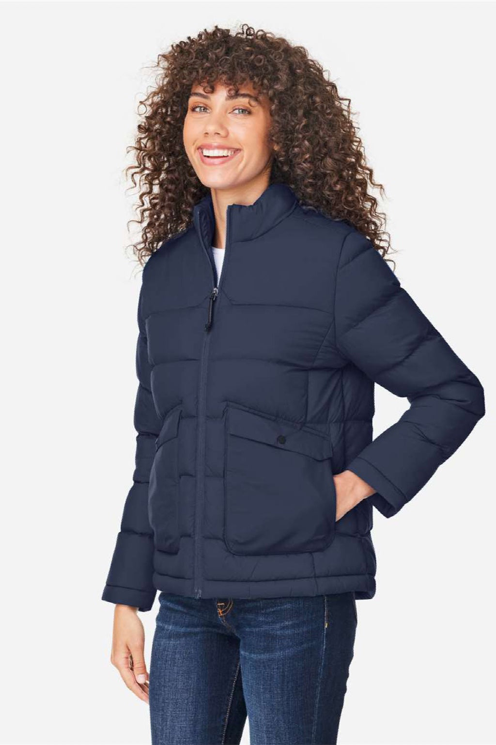 Core 365 CE720W Womens Inspire Full Zip Puffer Jacket Classic Navy Blue Model Side