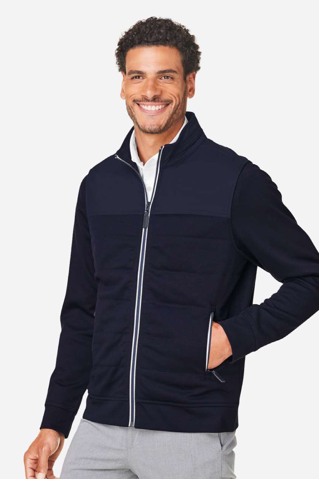 Devon & Jones DG71 Mens Full Zip Club Jacket Navy Blue Model Side