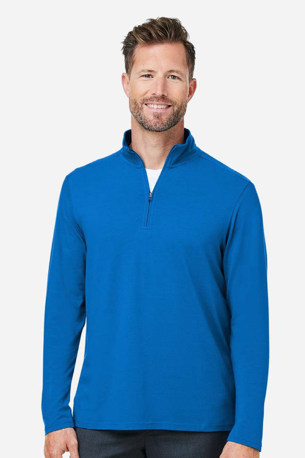 Devon & Jones DG425 Mens Raleigh Stretch 1/4 Zip Sweatshirt French Blue Model Front