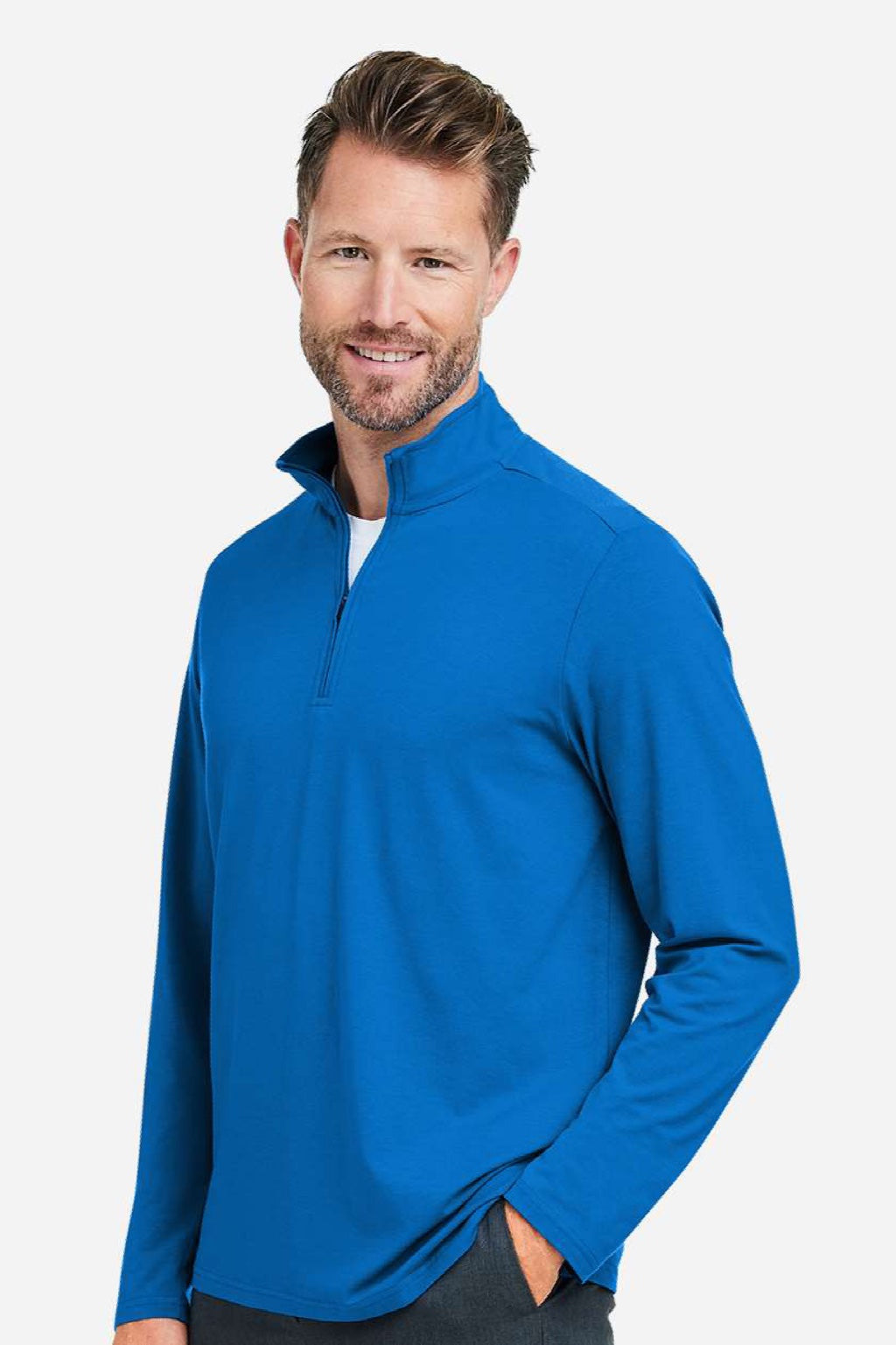 Devon & Jones DG425 Mens Raleigh Stretch 1/4 Zip Sweatshirt French Blue Model Side