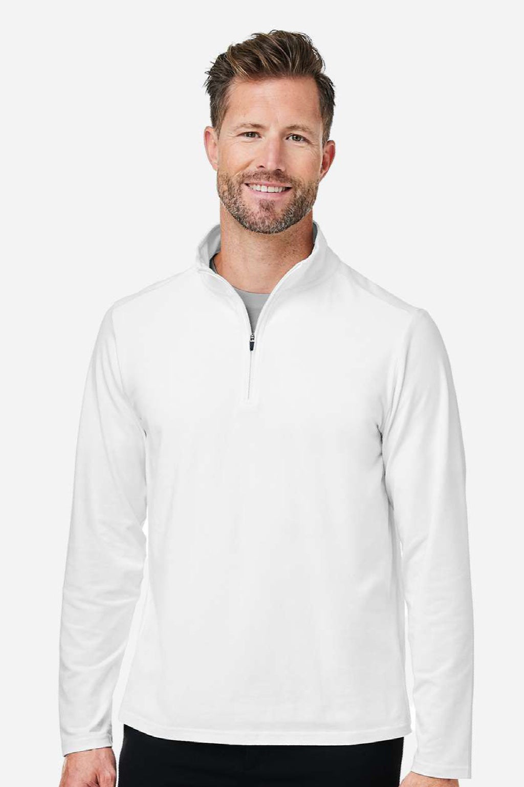 Devon & Jones DG425 Mens Raleigh Stretch 1/4 Zip Sweatshirt White Model Front