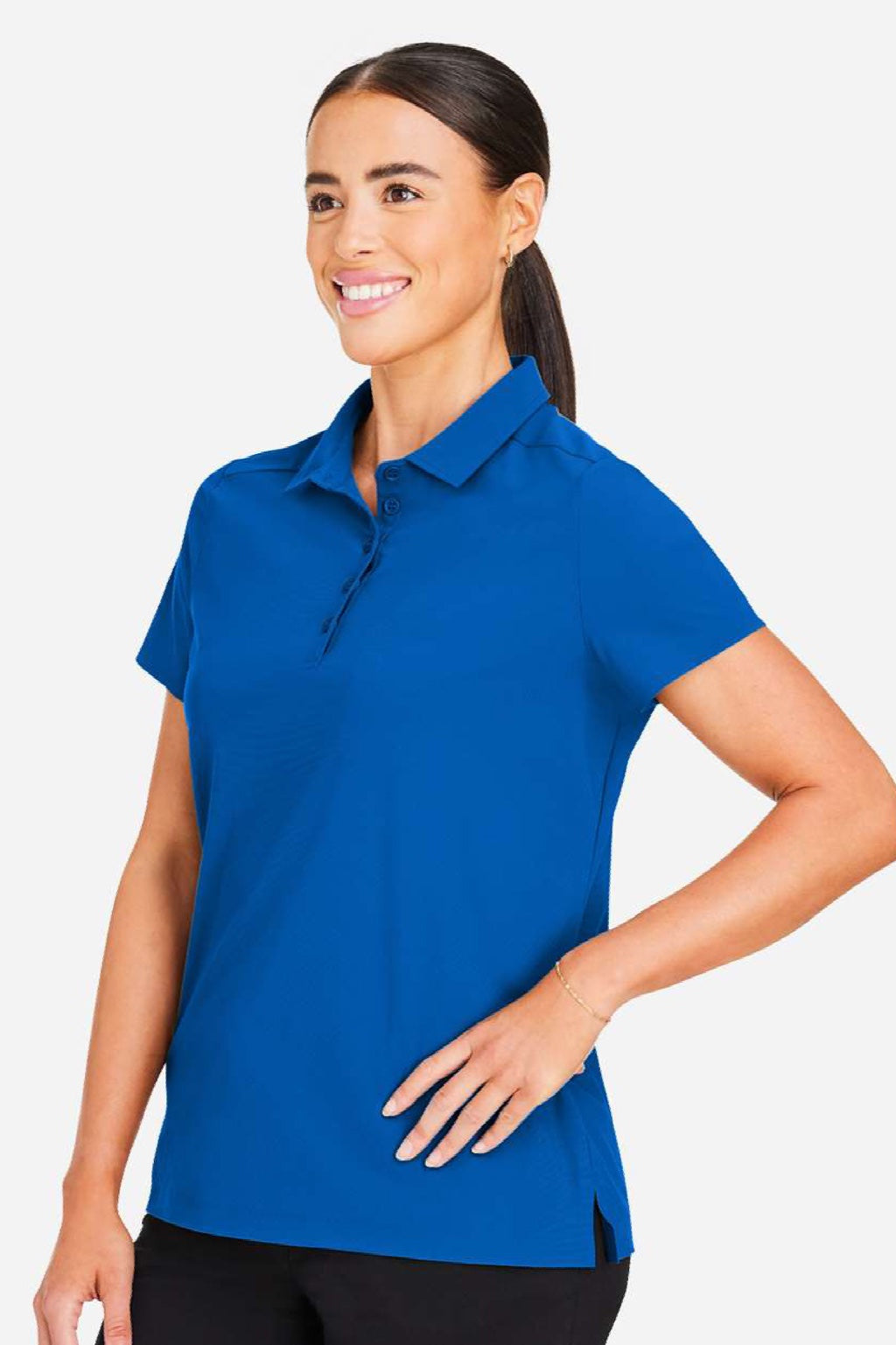 Devon & Jones DG110W Womens CrownLux Performance Windsor Welded Short Sleeve Polo Shirt French Blue Model Side