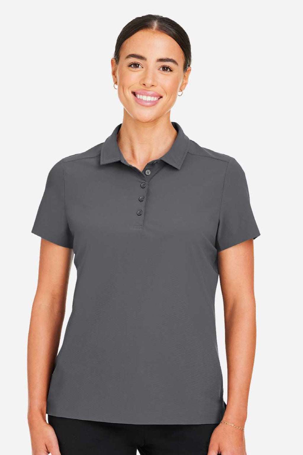 Devon & Jones DG110W Womens CrownLux Performance Windsor Welded Short Sleeve Polo Shirt Graphite Grey Model Front