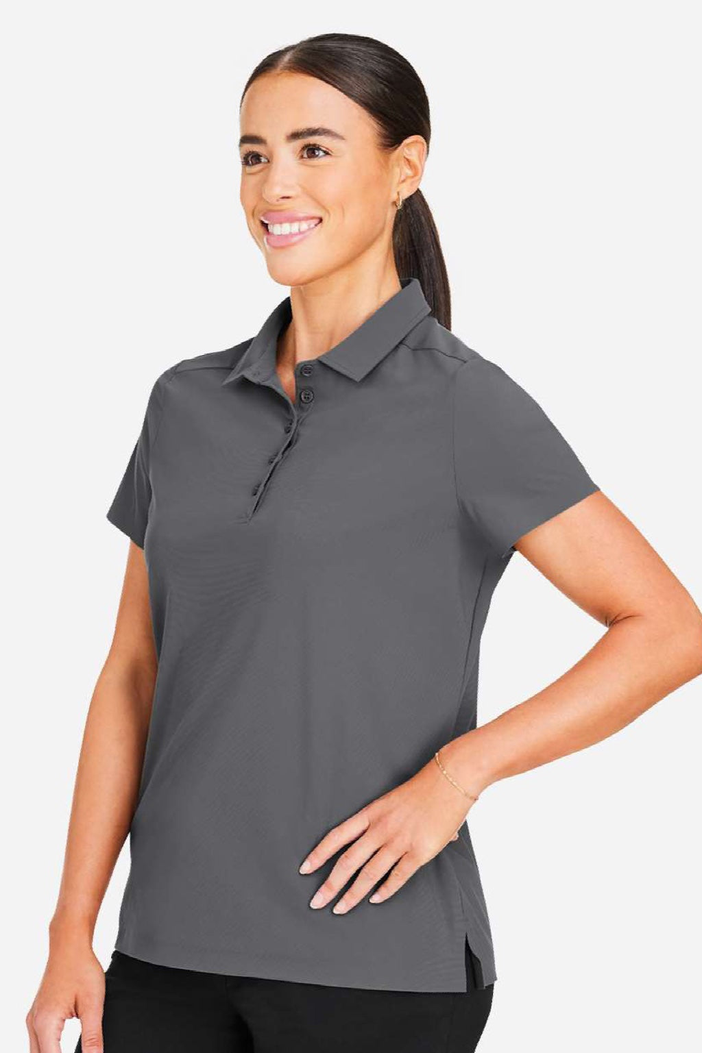 Devon & Jones DG110W Womens CrownLux Performance Windsor Welded Short Sleeve Polo Shirt Graphite Grey Model Side