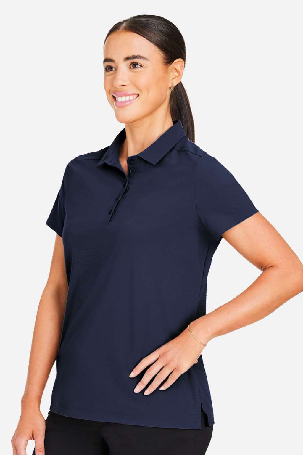 Devon & Jones DG110W Womens CrownLux Performance Windsor Welded Short Sleeve Polo Shirt Navy Blue Model Side
