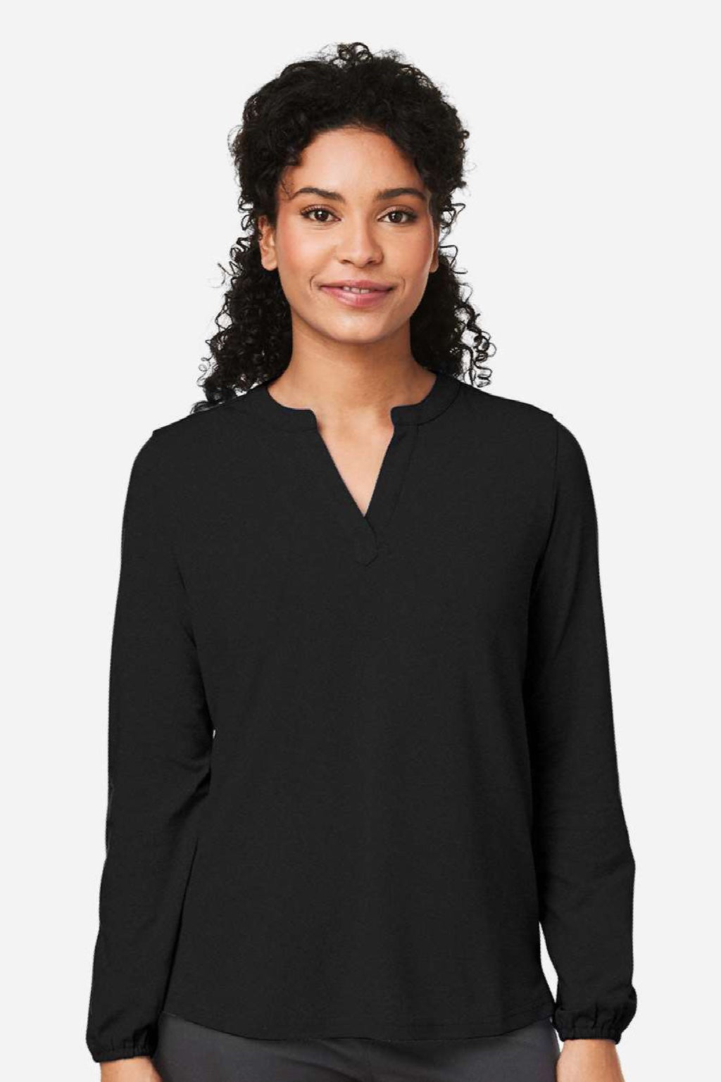 Devon & Jones DP122W Womens Raleigh Moisture Wicking V-Neck Long Sleeve Shirt Black Model Front