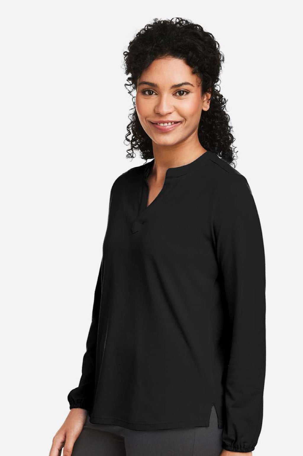 Devon & Jones DP122W Womens Raleigh Moisture Wicking V-Neck Long Sleeve Shirt Black Model Side