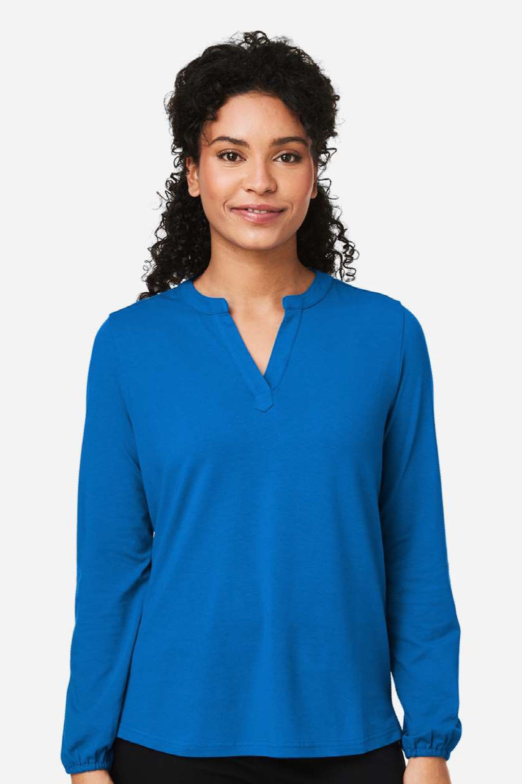 Devon & Jones DP122W Womens Raleigh V-Neck Knit Long Sleeve Shirt French Blue Model Front