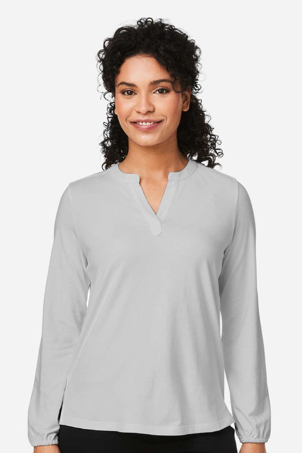 Devon & Jones DP122W Womens Raleigh V-Neck Knit Long Sleeve Shirt Grey Model Front