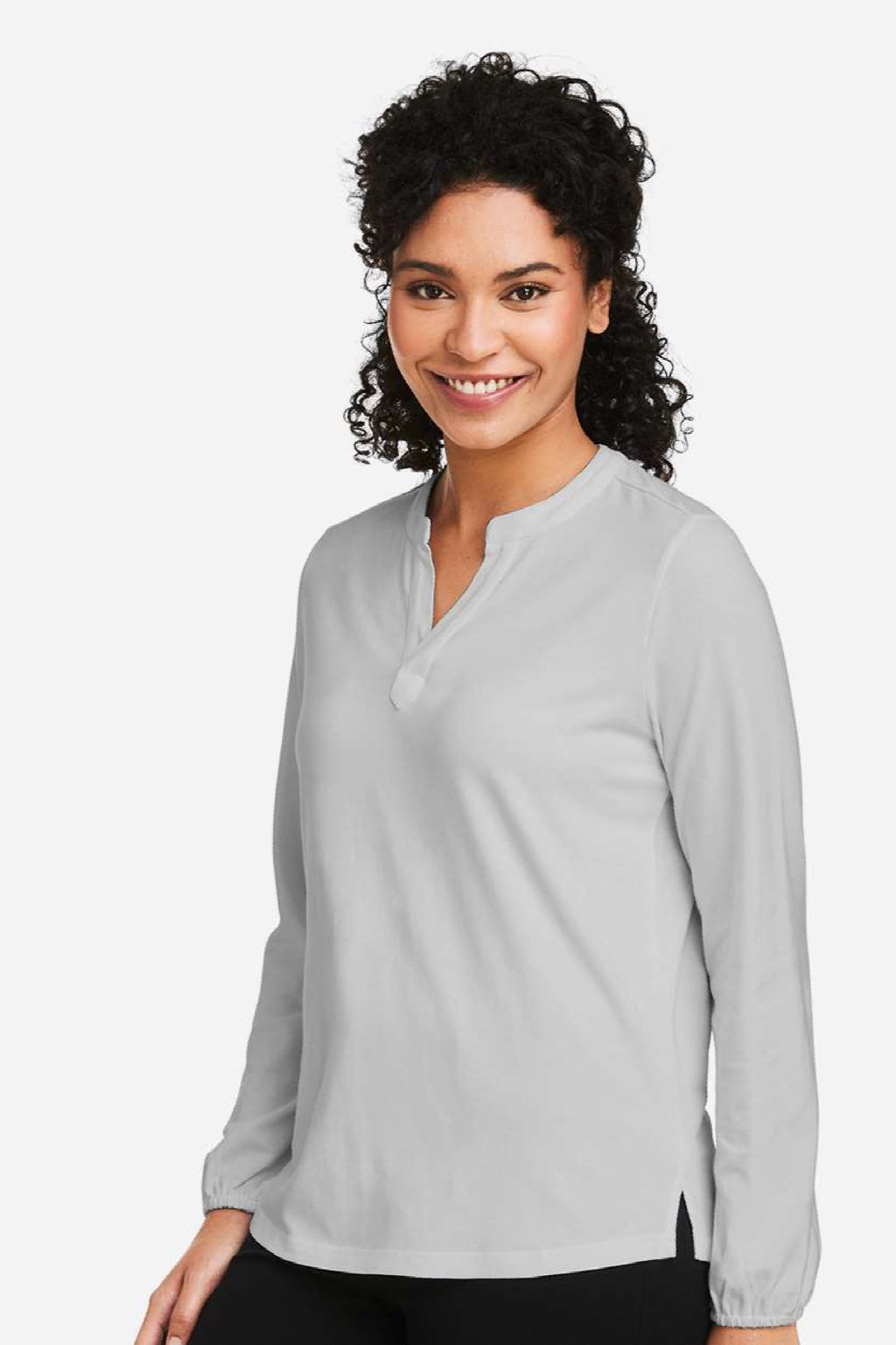 Devon & Jones DP122W Womens Raleigh V-Neck Knit Long Sleeve Shirt Grey Model Side