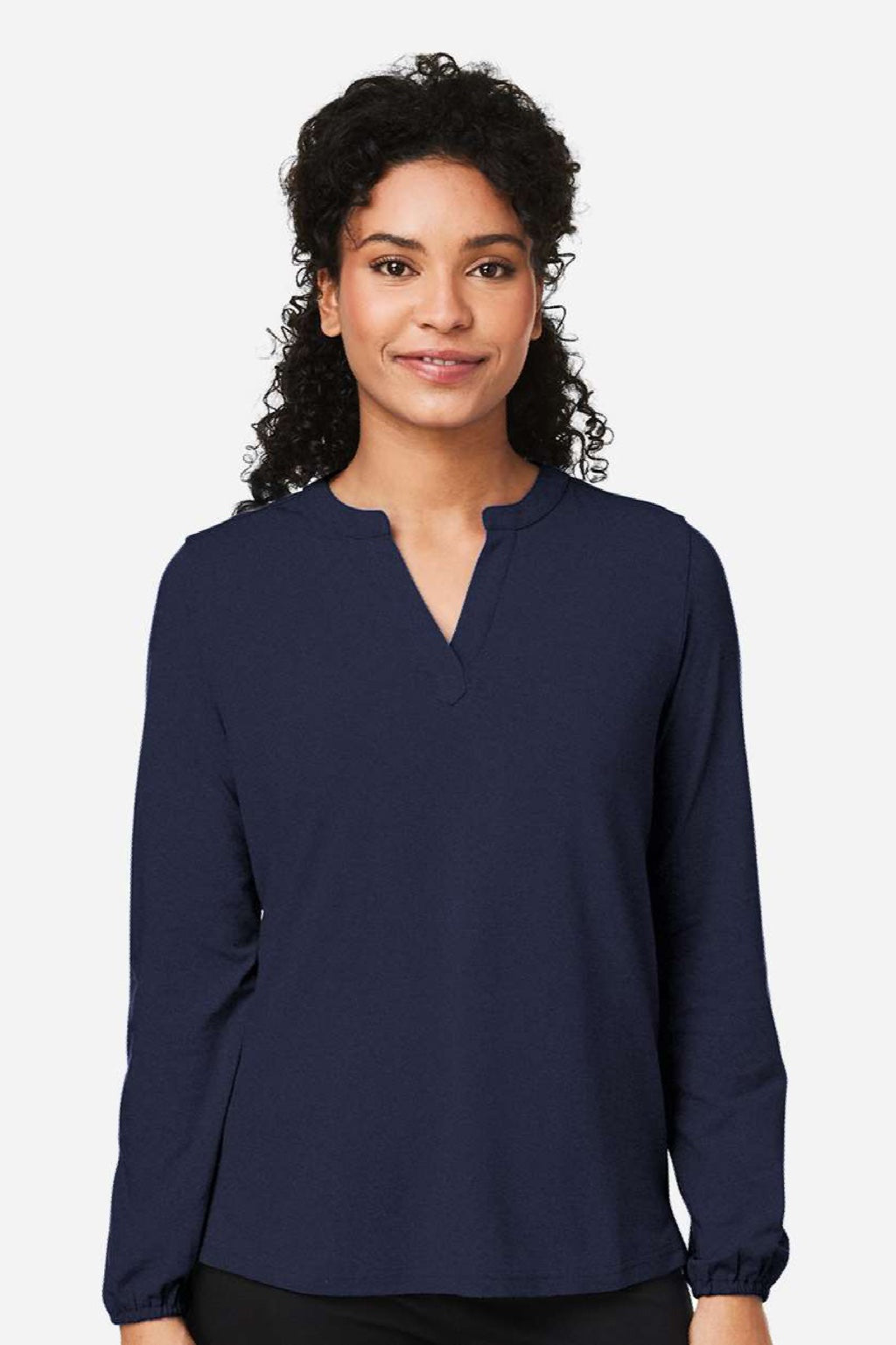 Devon & Jones DP122W Womens Raleigh V-Neck Knit Long Sleeve Shirt Navy Blue Model Front