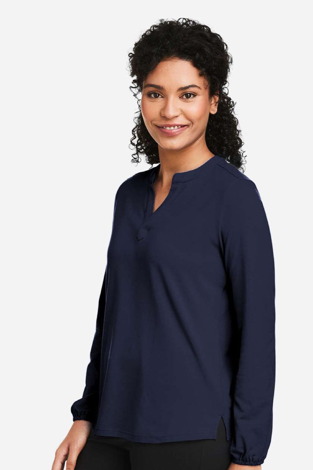 Devon & Jones DP122W Womens Raleigh V-Neck Knit Long Sleeve Shirt Navy Blue Model Side