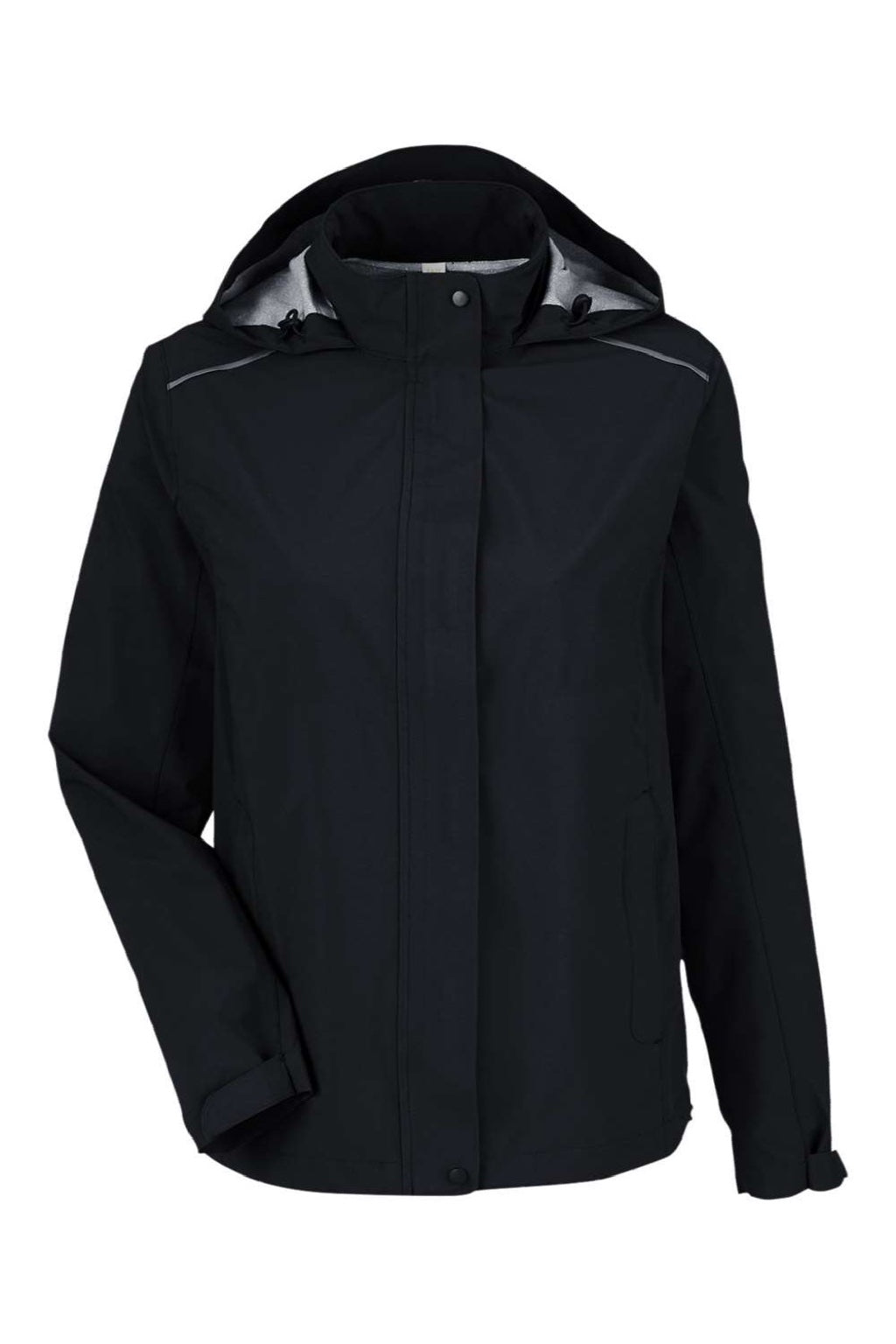Core 365 CE712W Womens Barrier Packable Full Zip Hooded Rain Jacket Black Flat Front