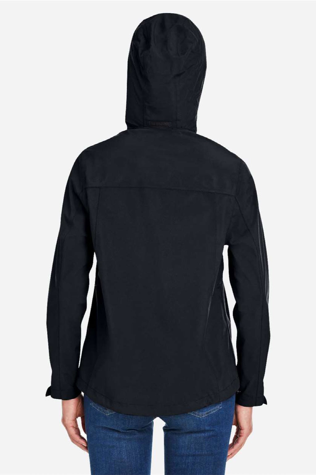 Core 365 CE712W Womens Barrier Packable Full Zip Hooded Rain Jacket Black Model Back