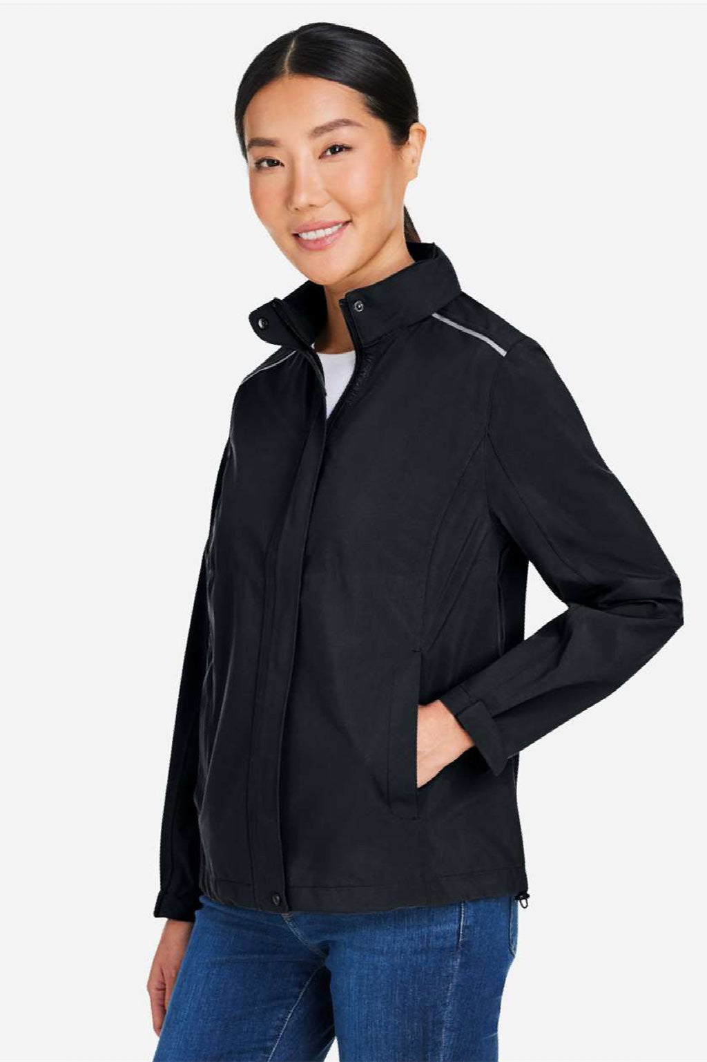 Core 365 CE712W Womens Barrier Packable Full Zip Hooded Rain Jacket Black Model Side