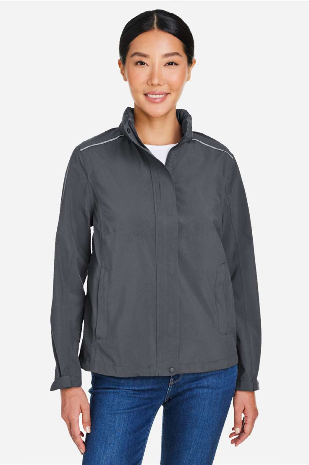 Core 365 CE712W Womens Barrier Packable Full Zip Hooded Rain Jacket Carbon Grey Model Front
