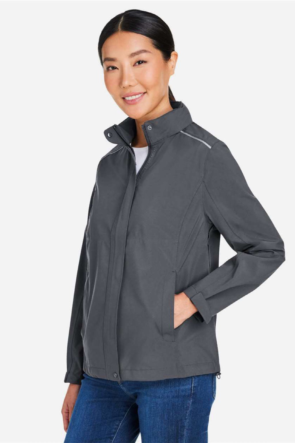 Core 365 CE712W Womens Barrier Packable Full Zip Hooded Rain Jacket Carbon Grey Model Side