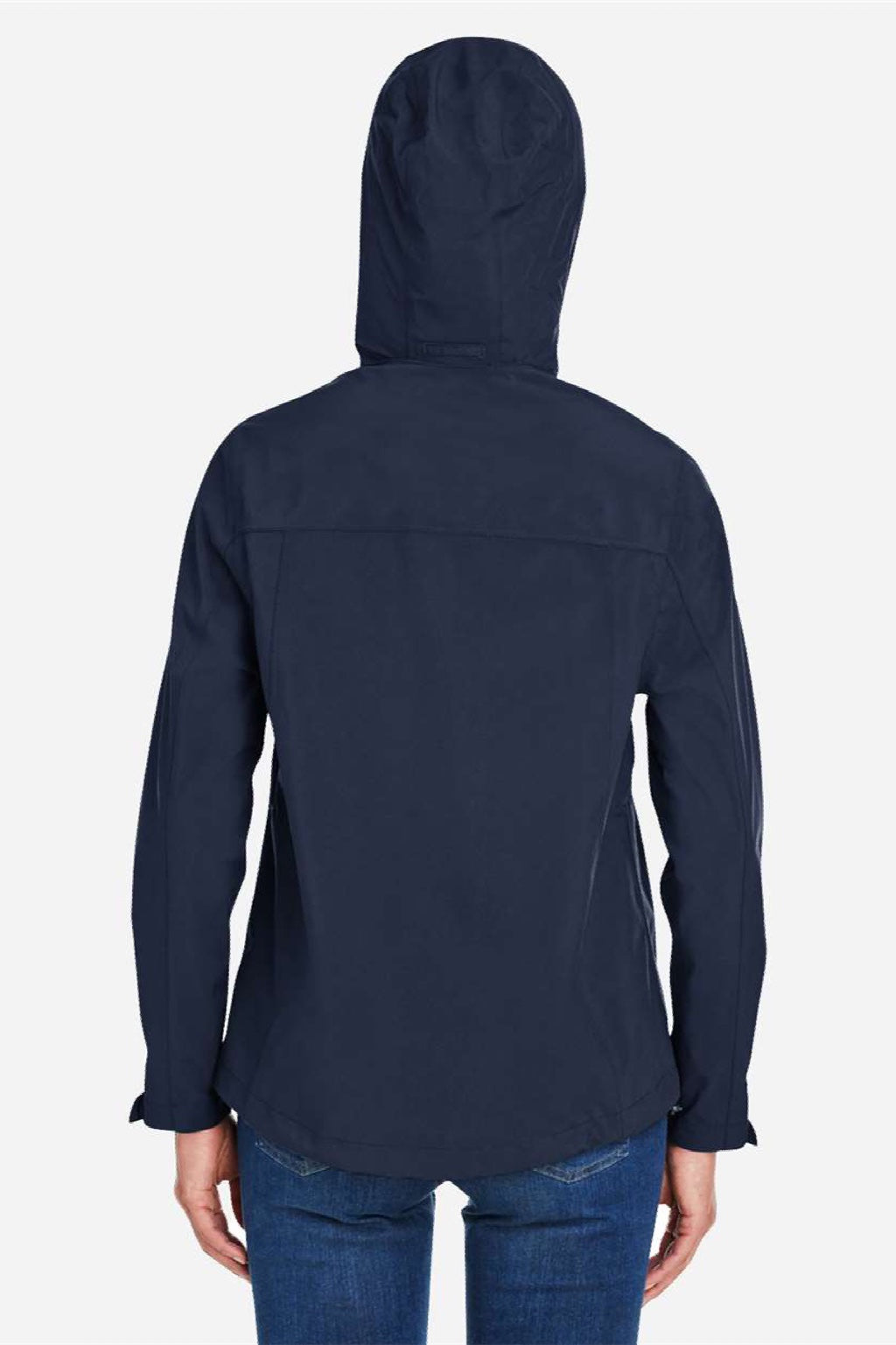 Core 365 CE712W Womens Barrier Packable Full Zip Hooded Rain Jacket Classic Navy Blue Model Back