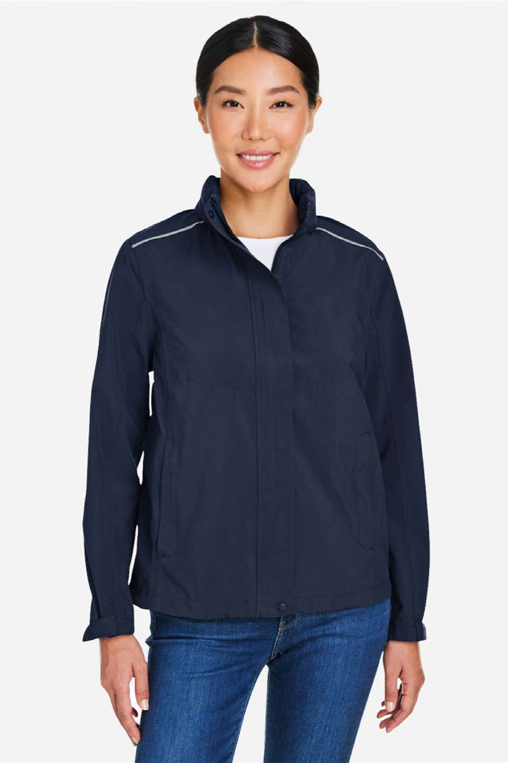 Core 365 CE712W Womens Barrier Packable Full Zip Hooded Rain Jacket Classic Navy Blue Model Front