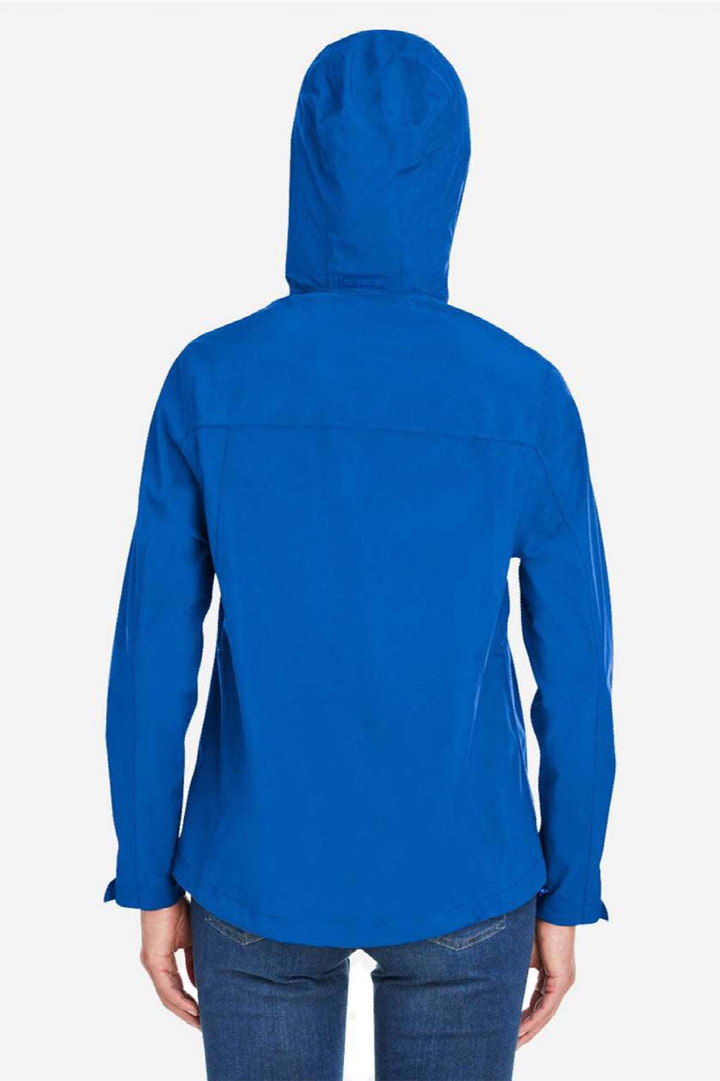 Core 365 CE712W Womens Barrier Packable Full Zip Hooded Rain Jacket True Royal Blue Model Back