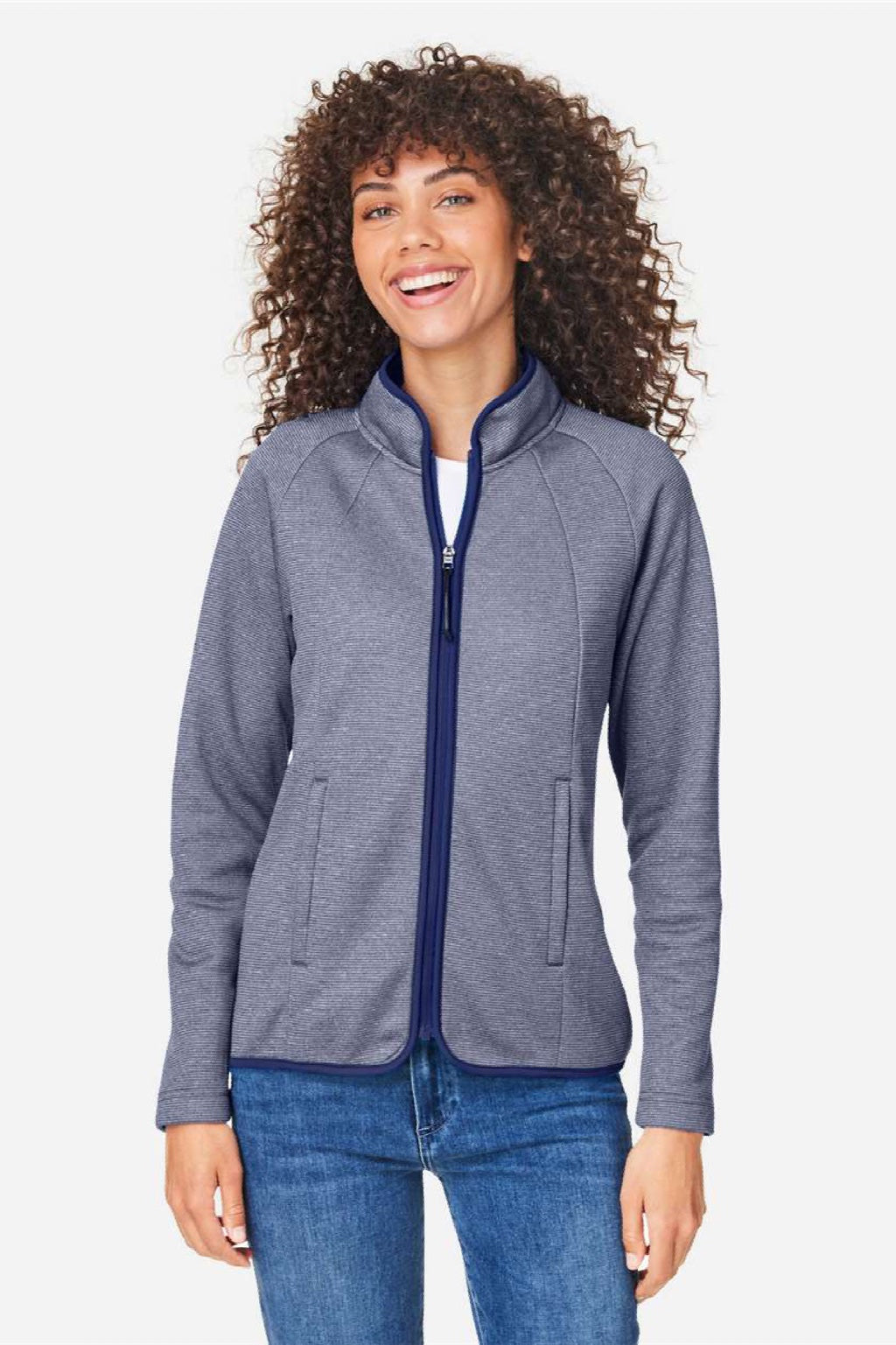Core 365 CE72W Womens Venture Heathered Stripe Full Zip Jacket Classic Navy Blue/White Model Front